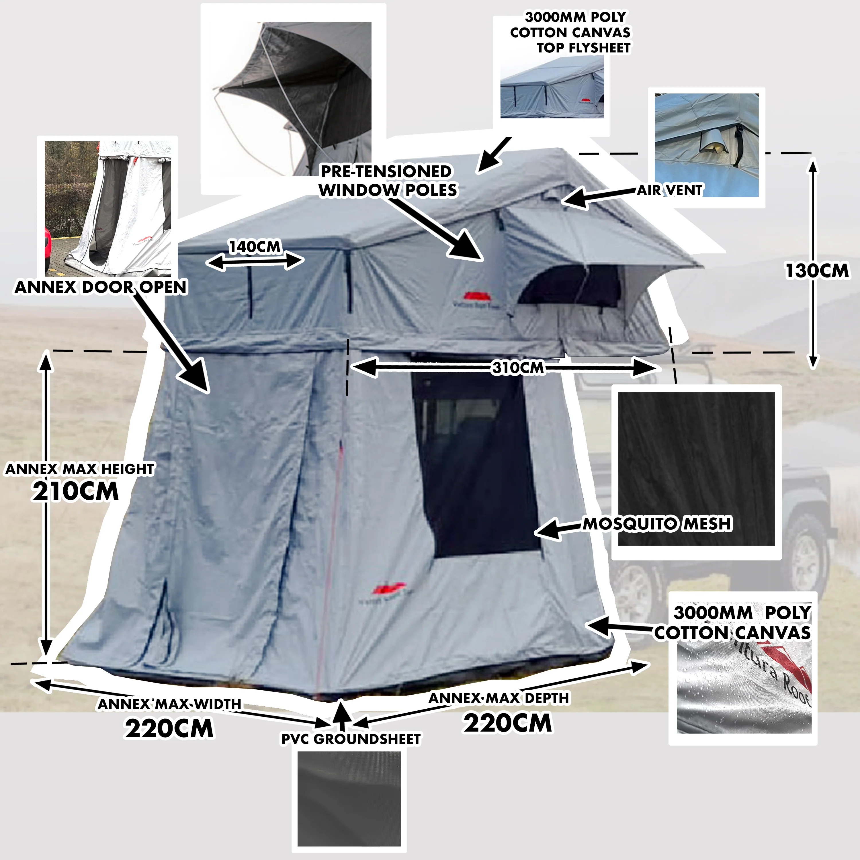 Extended Ventura Deluxe 1.4 Roof Top Tent + Annex + Side Awning - Image 18